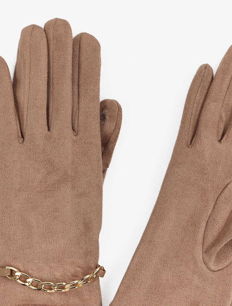 Gants en suédine à détail chaîne - Beige - 2