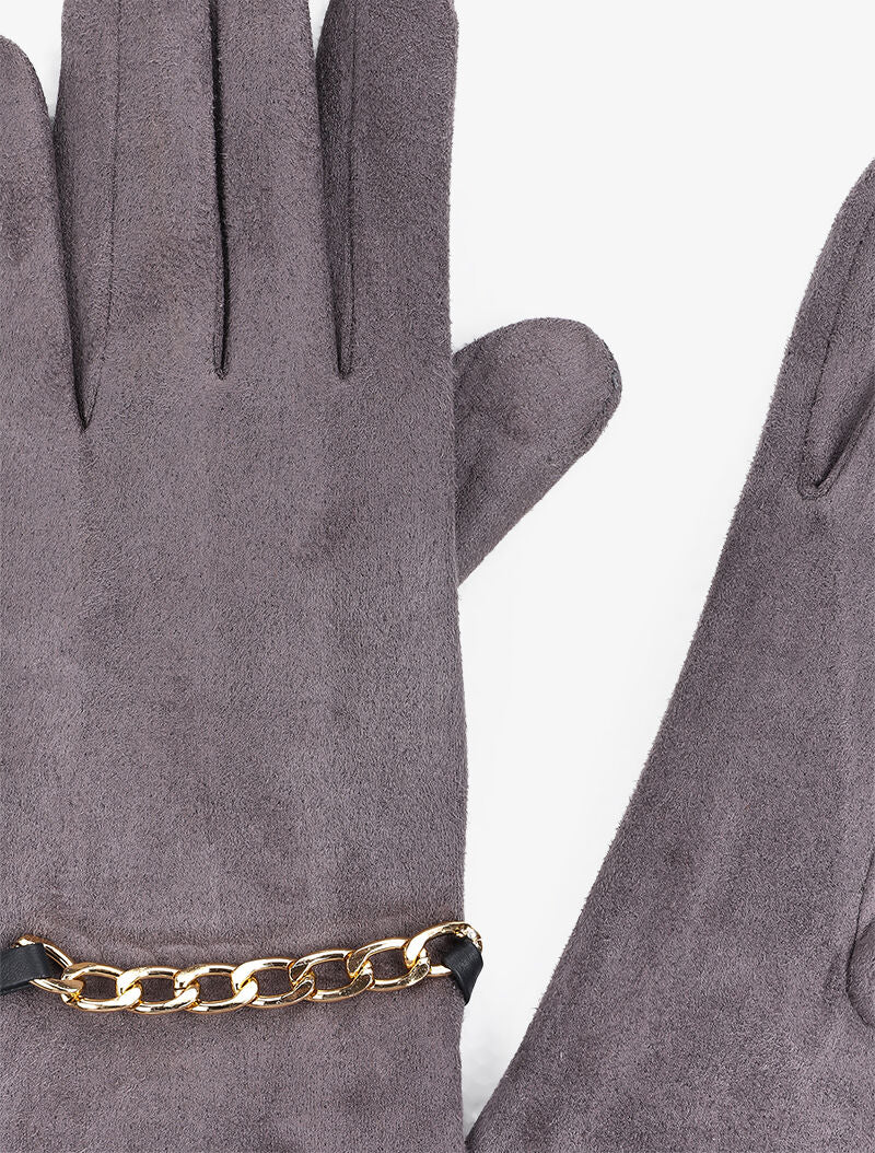 Gants en suédine à détail chaîne - Gris - 2