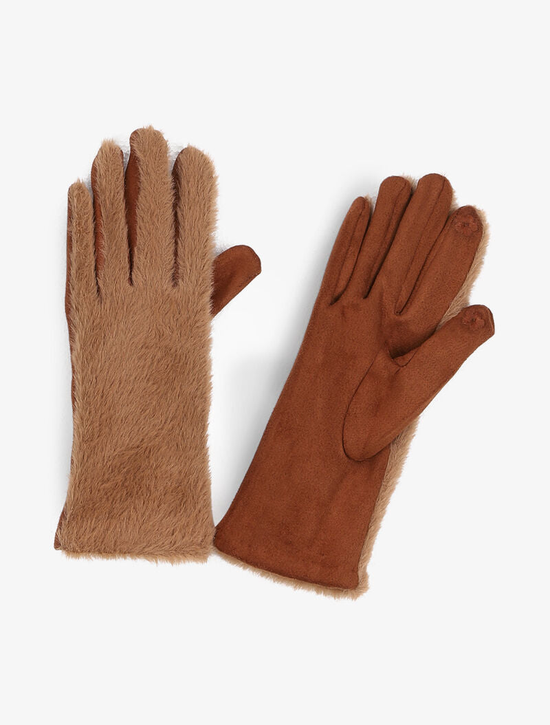 Gants en suédine et fausse fourrure - Camel - 3