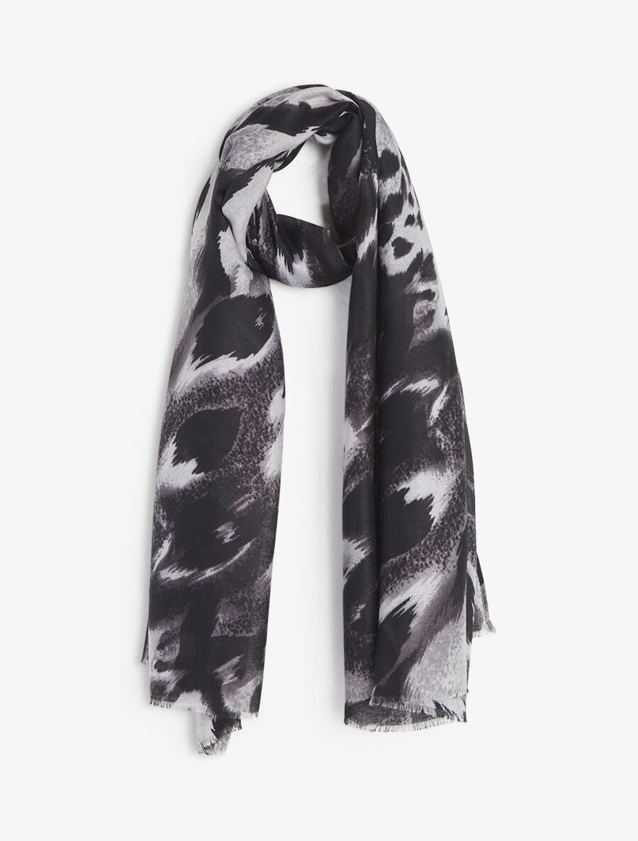 Foulard à bords éffilochés imprimé animal - Noir - 1