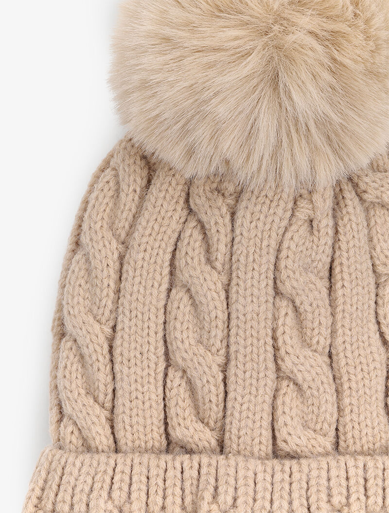 Bonnet en maille tressée à pompon - Beige - 2