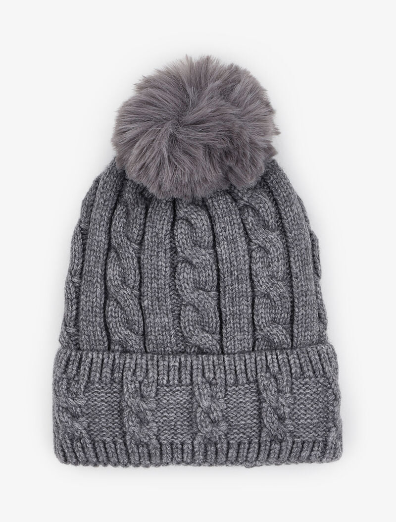Bonnet en maille tressée à pompon - Gris - 1
