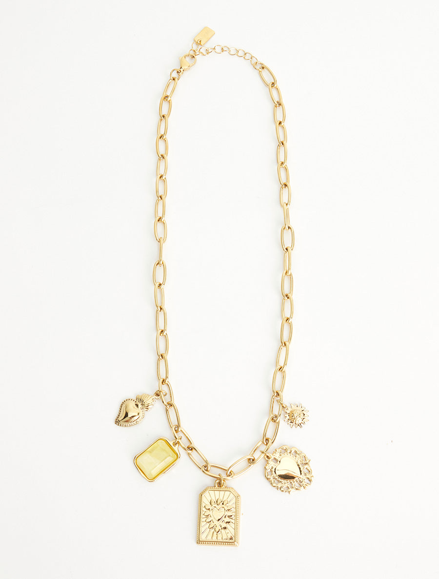 Collier fantaisie à motifs coeur et pierre colorés - Jaune - 2