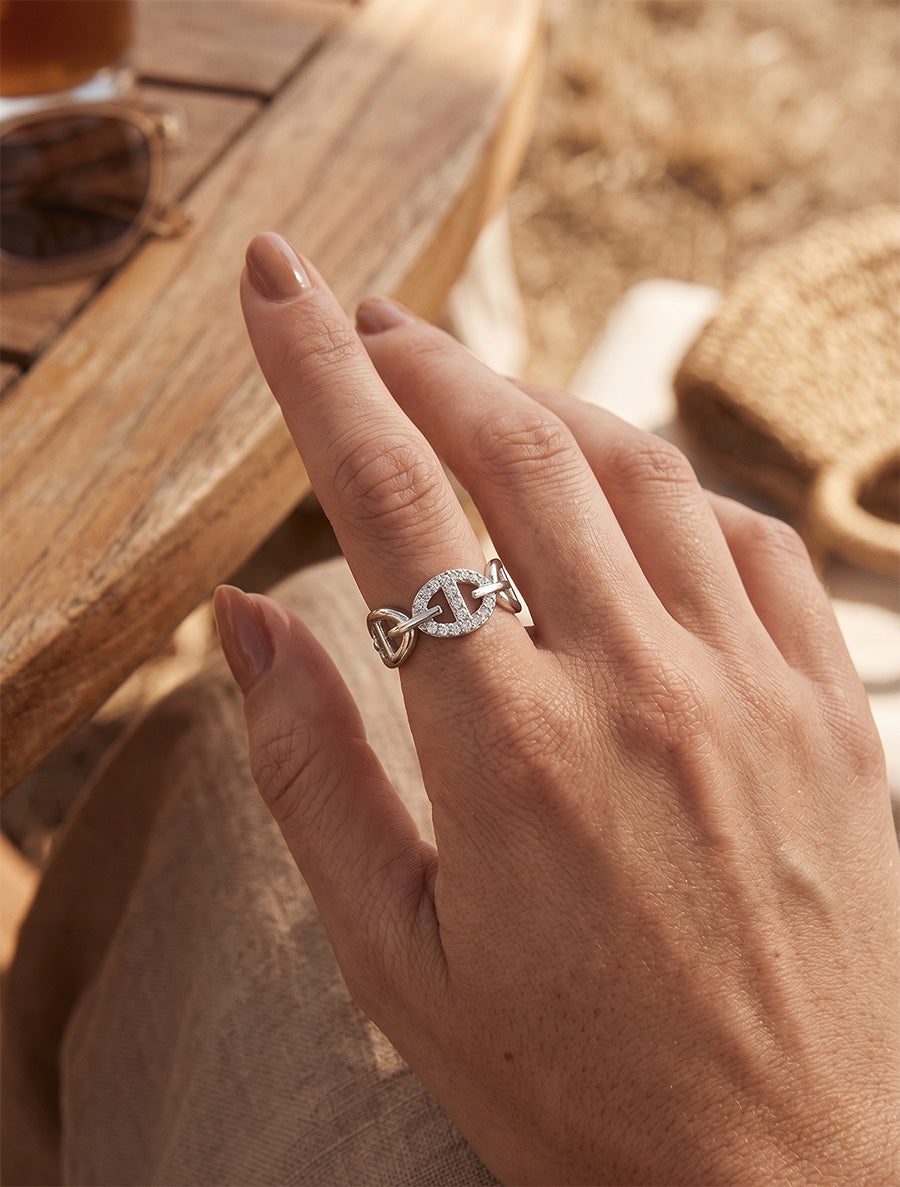 Bague style maillons marins à strass - Argent - 1