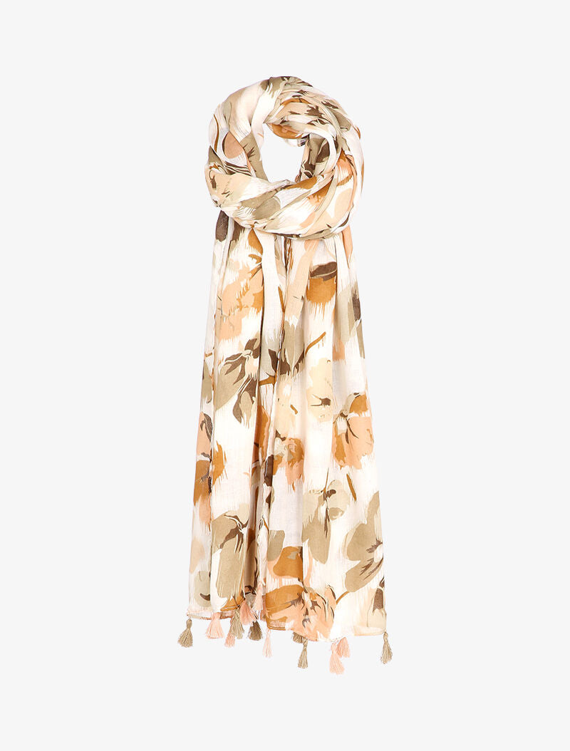 Foulard à imprimé floral et bords à pompons - Beige - 1