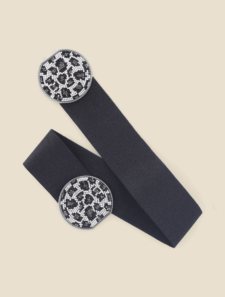 Ceinture à boucle métallique strassée à motif léopard - Noir/blanc - 1