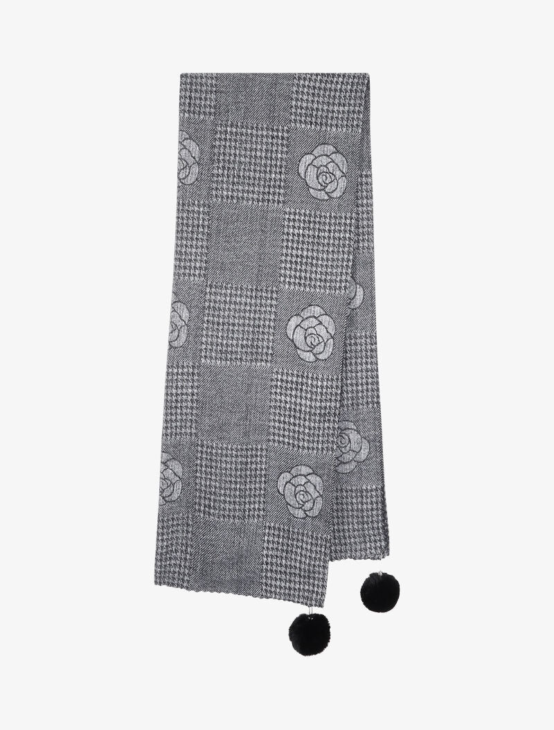 Echarpe à pompons et motif roses - Noir - 2