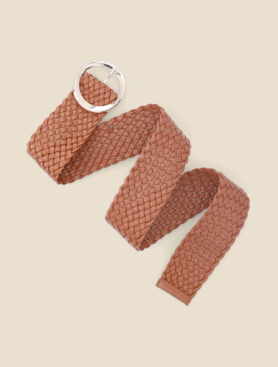 Ceinture tressée à boucle ronde dorée - Camel - 2