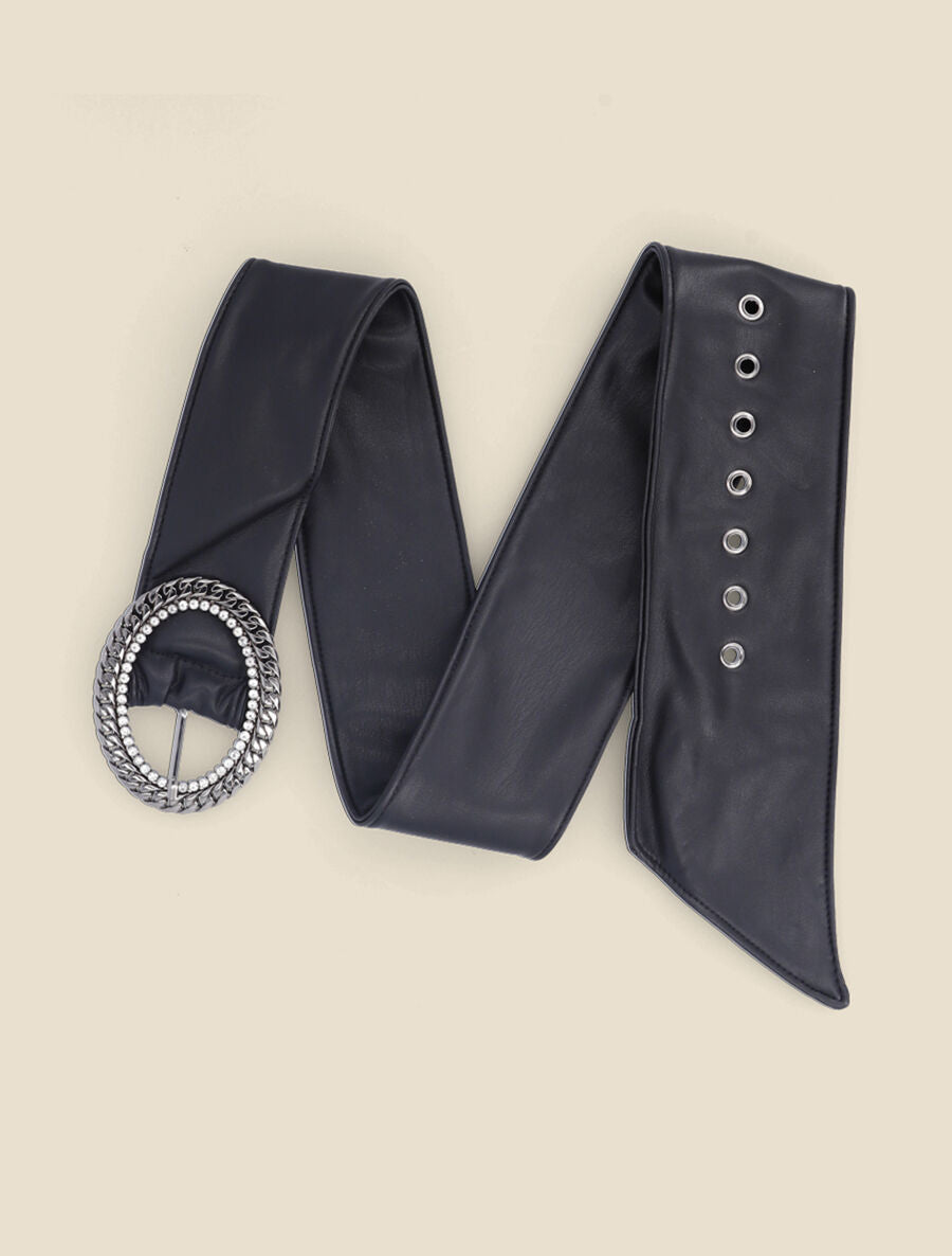 Ceinture en simili à boucle style chaîne à strass - Noir/argent - 1