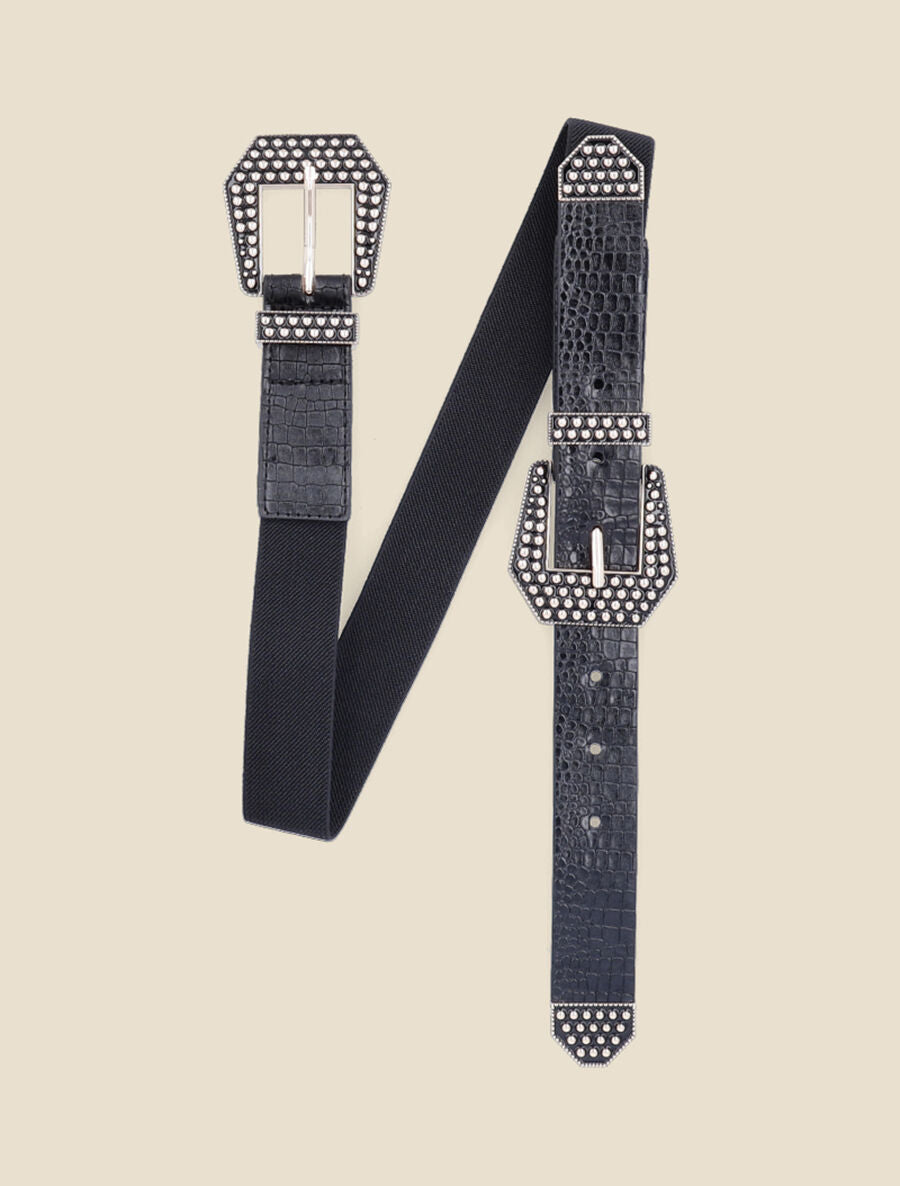 Ceinture effet croco à double boucles métalliques - Noir/or - 1
