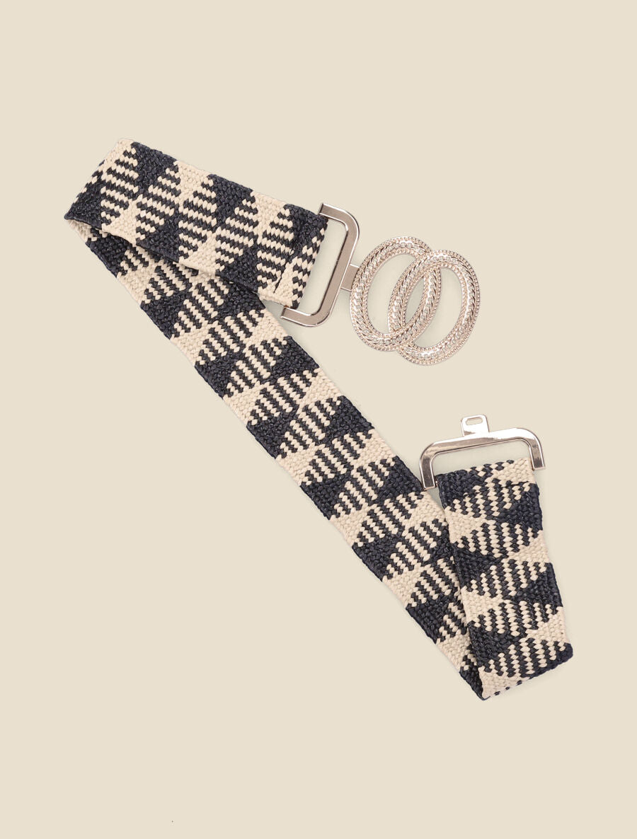 Ceinture style raphia à boucle stylisée à crochet - Noir/beige - 1