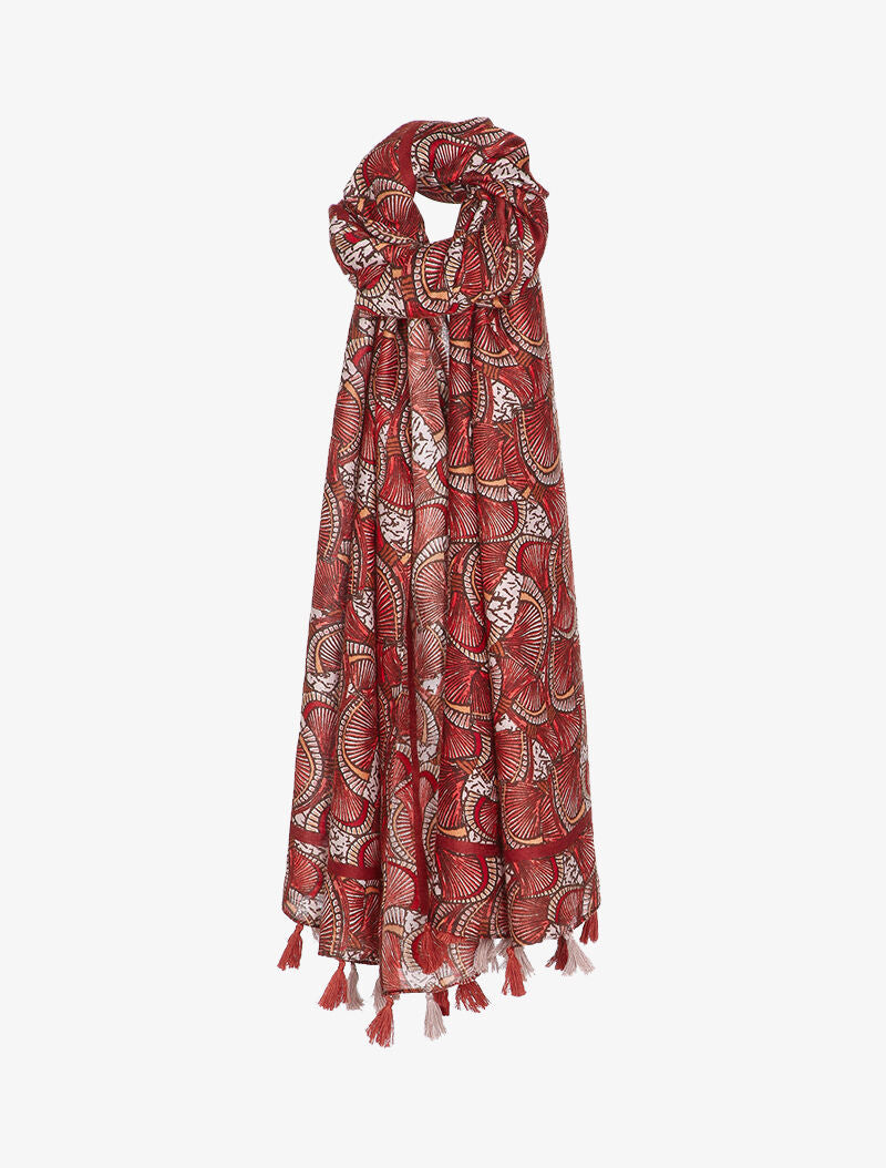 Foulard à imprimé éventails et bords à pompons - Brique - 1