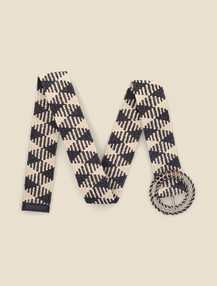 Ceinture style raphia à boucle ronde stylisée - Noir/beige - 2