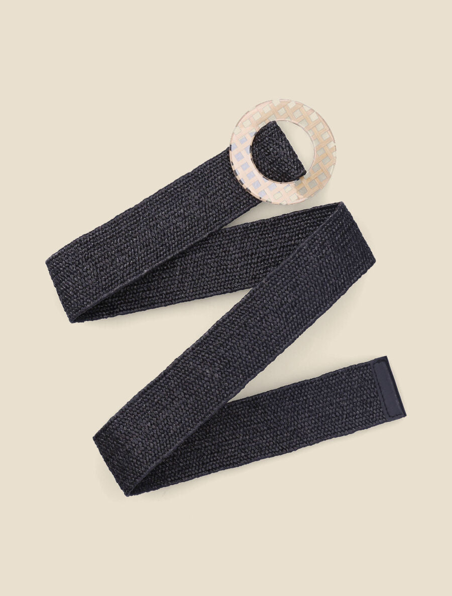Ceinture style raphia à boucle ronde graphique - Noir - 1