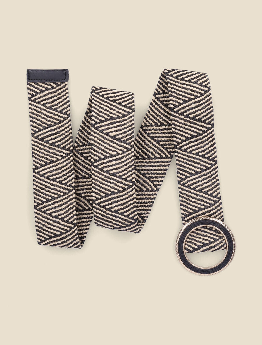 Ceinture en raphia à boucle ronde ciselée - Noir/beige - 1