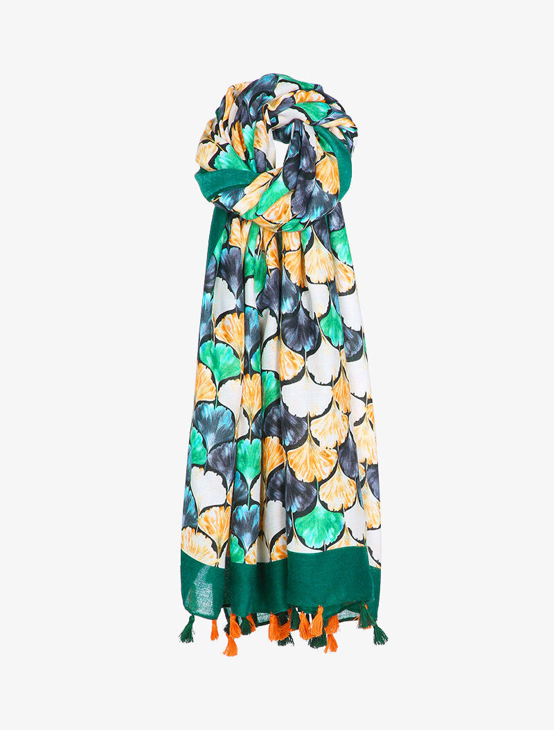 Foulard à imprimé feuilles en écailles et bords à pompons - Vert - 3