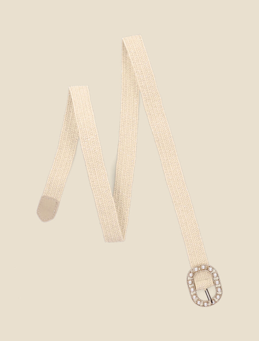 Ceinture en raphia à boucle ornée de perles - Beige - 2