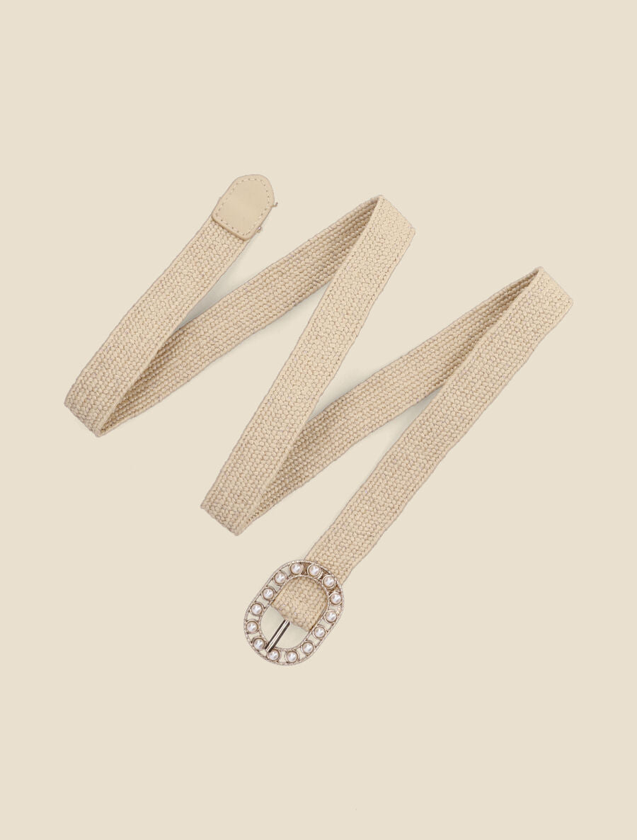 Ceinture en raphia à boucle ornée de perles - Taupe - 1