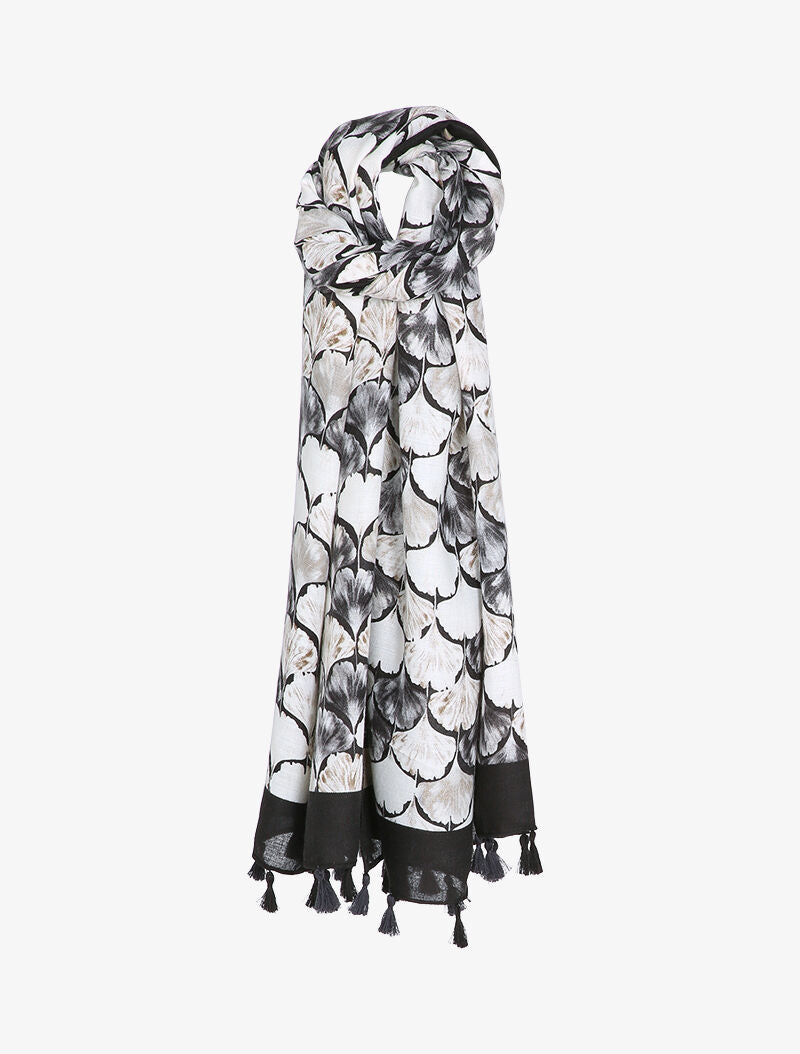 Foulard à imprimé feuilles en écailles et bords à pompons - Noir - 1