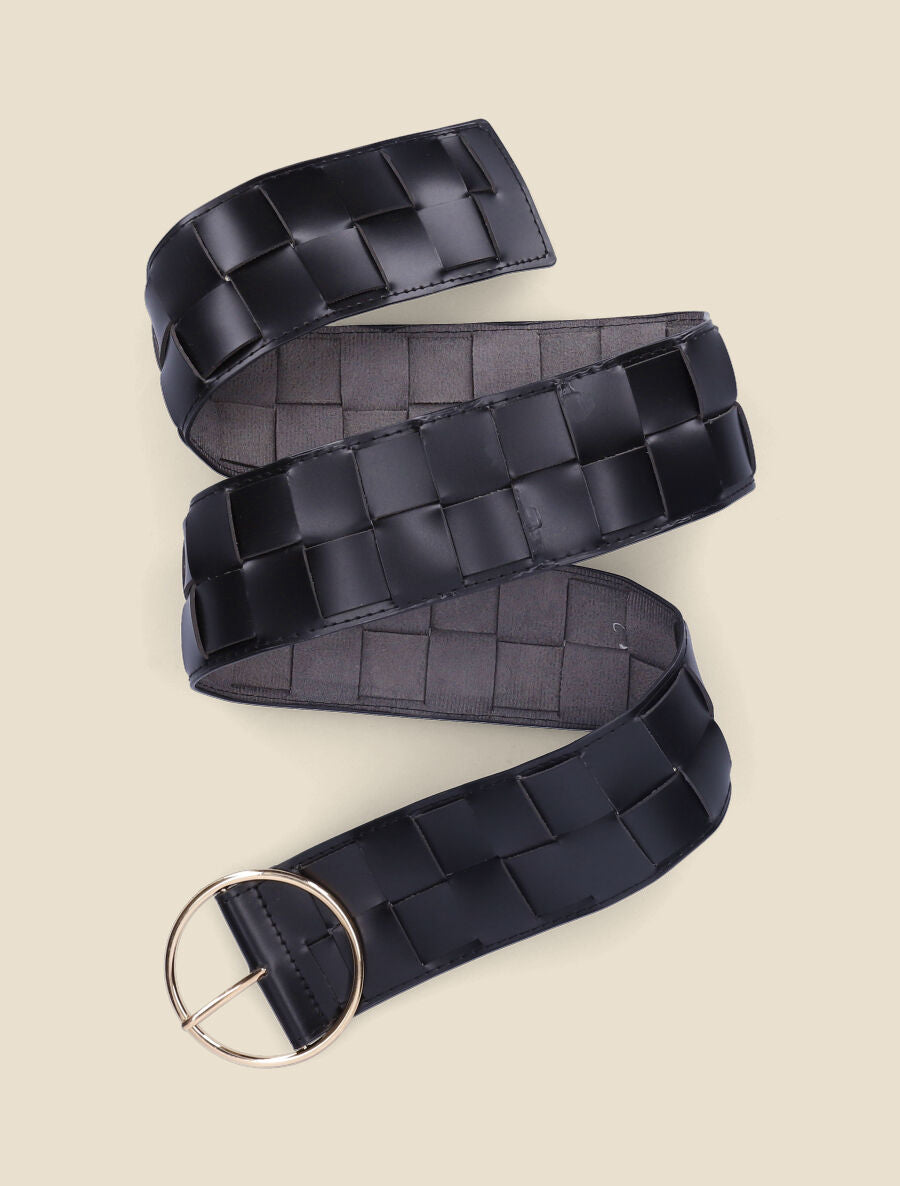 Ceinture en simili tressé à boucle ronde - Noir/or - 1