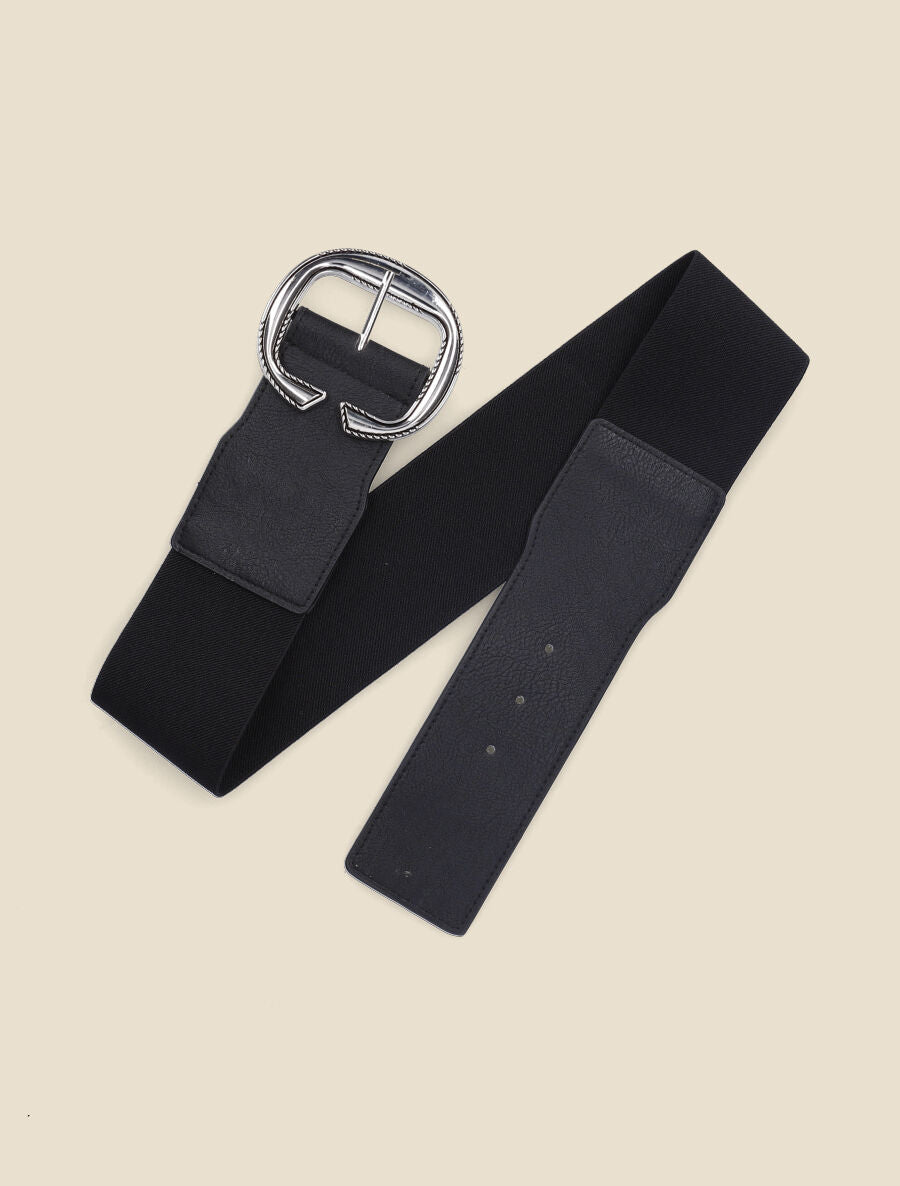 Ceinture élastiquée à boucle arrondie stylisée - Noir/argent - 2