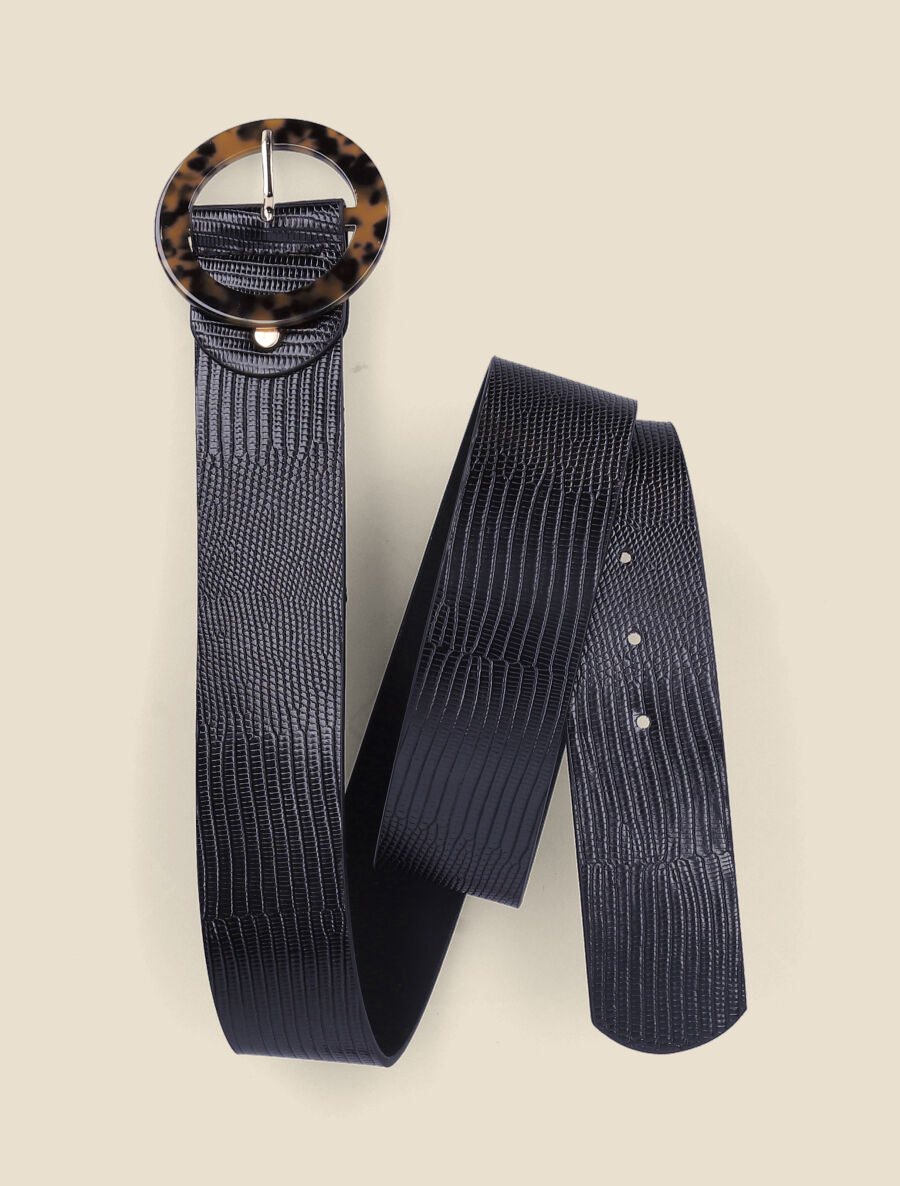Ceinture python à boucle ronde style écailles - Noir - 1