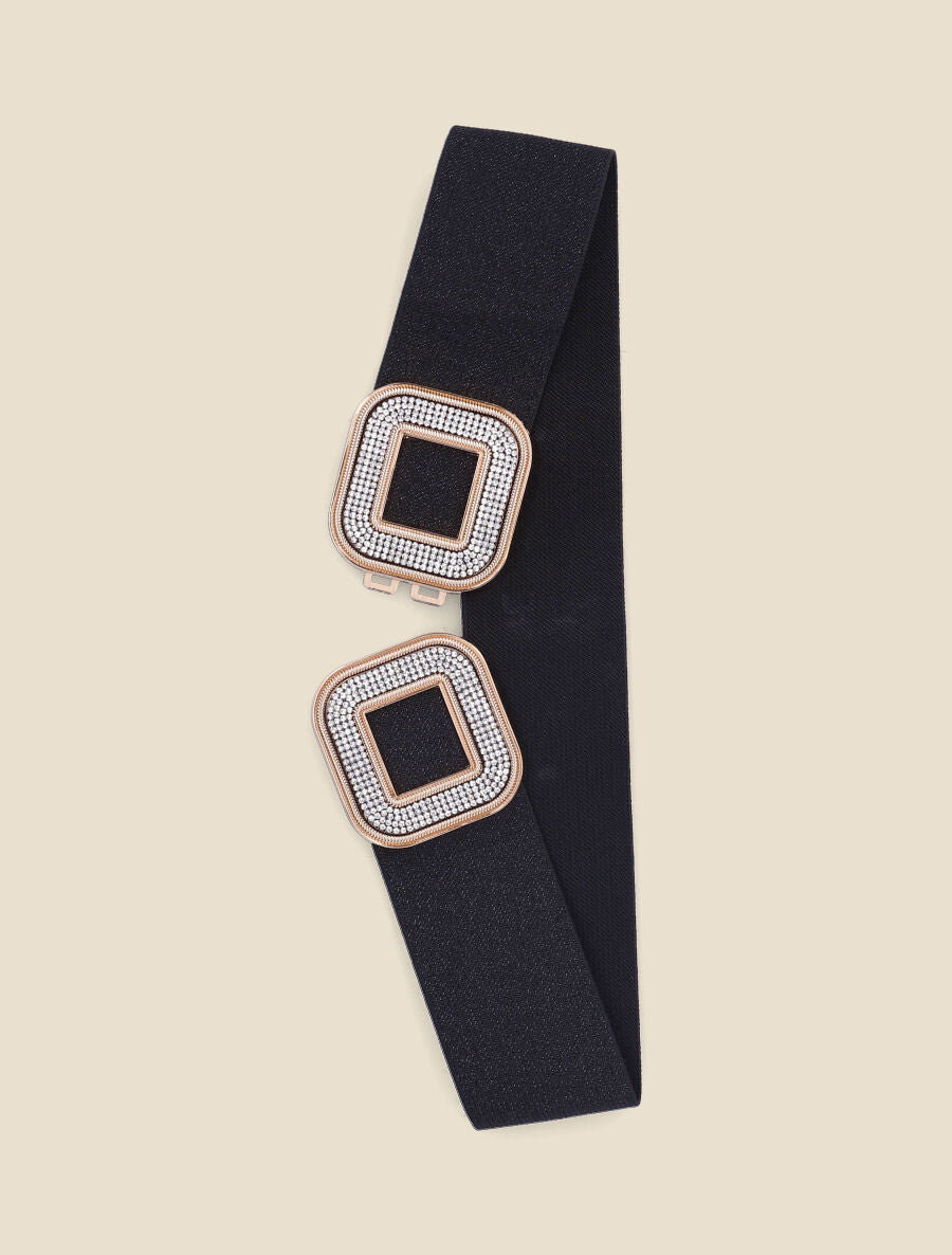 Ceinture à boucle carrée ornée de strass - Noir/or - 1
