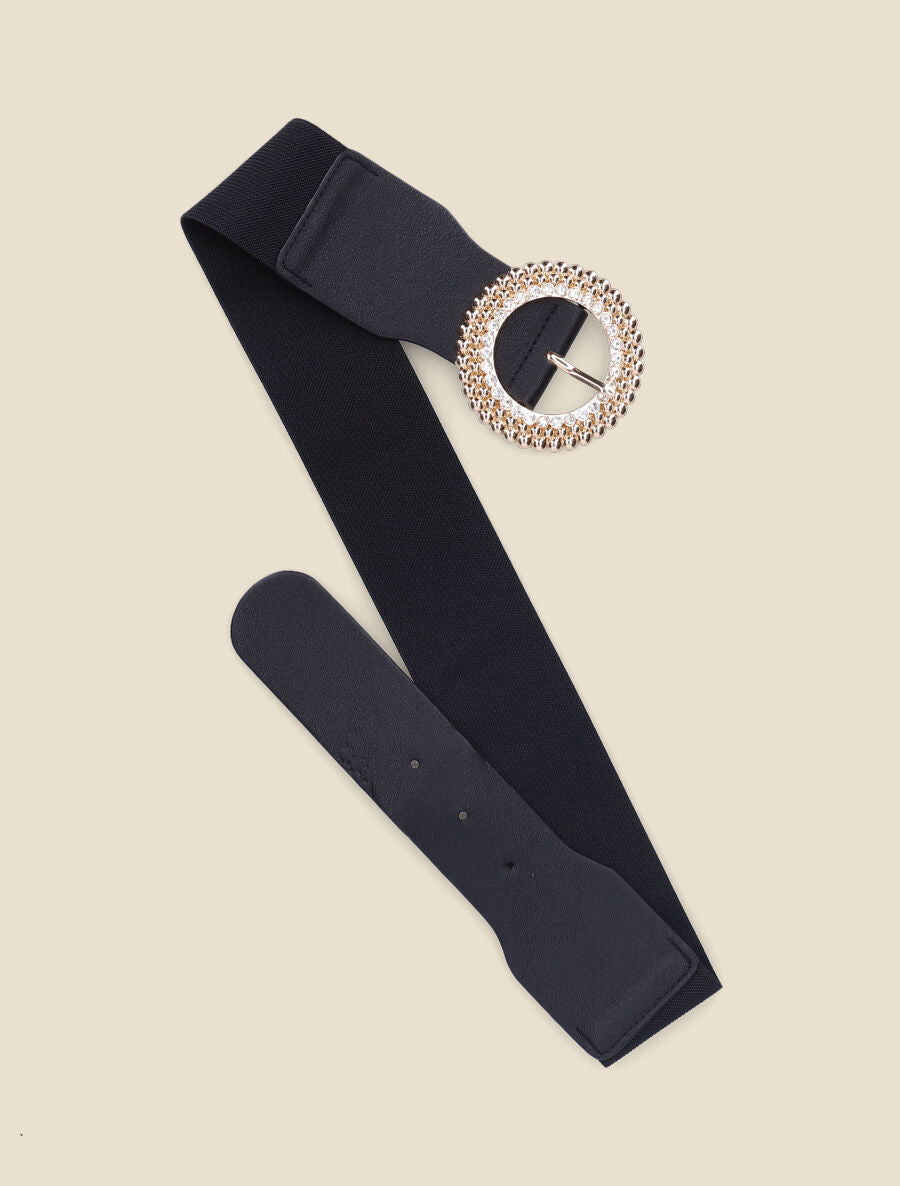 Ceinture à boucle ronde stylisée ornée de strass - Noir/or - 2
