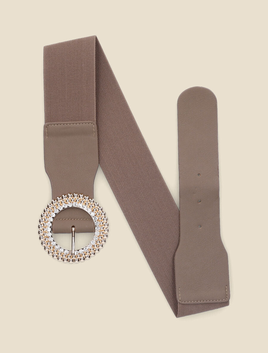 Ceinture à boucle ronde stylisée ornée de strass - Taupe/or - 1