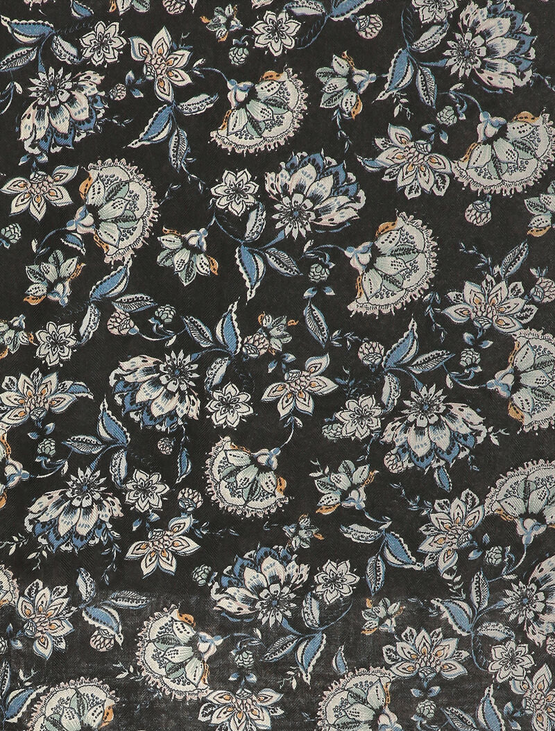 Foulard à imprimé fleuri style oriental et bords à pompons - Noir - 2