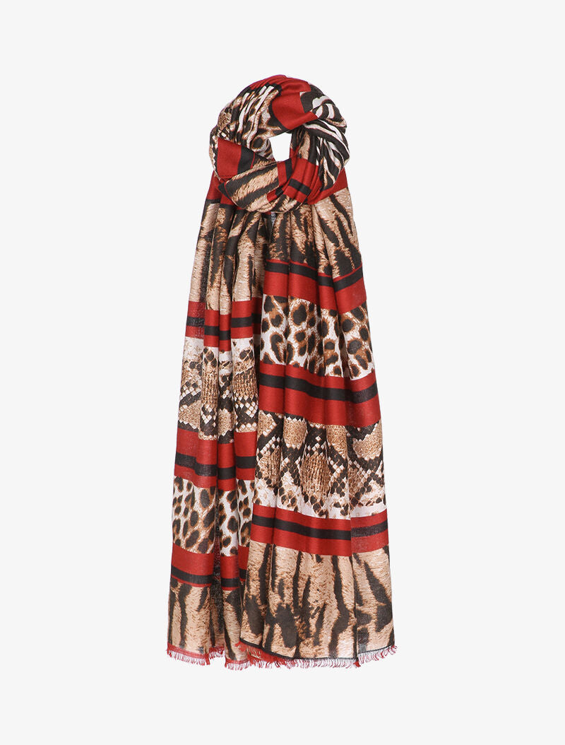 Foulard à rayures contrastantes et imprimé animal - Rouge - 1