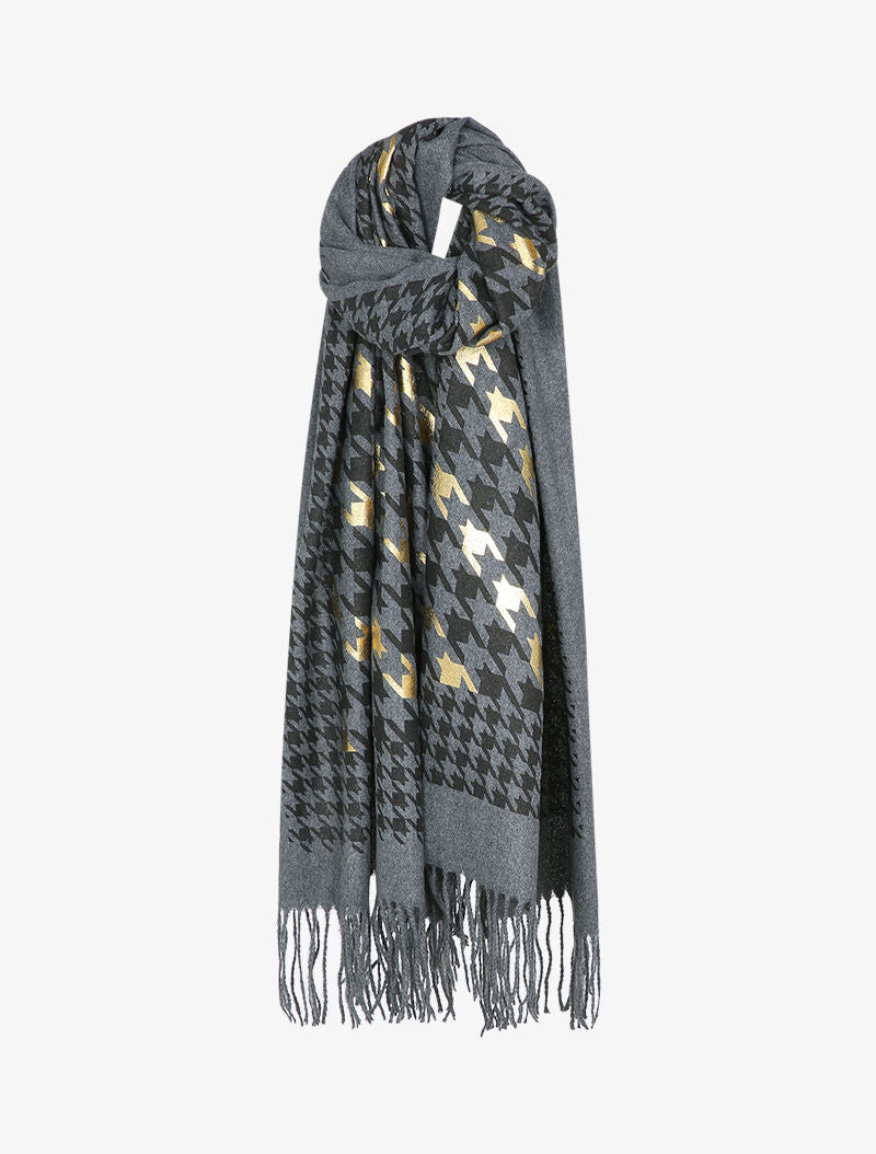 Echarpe à imprimé pied de poule irisé et bords à franges - Gris foncé - 3
