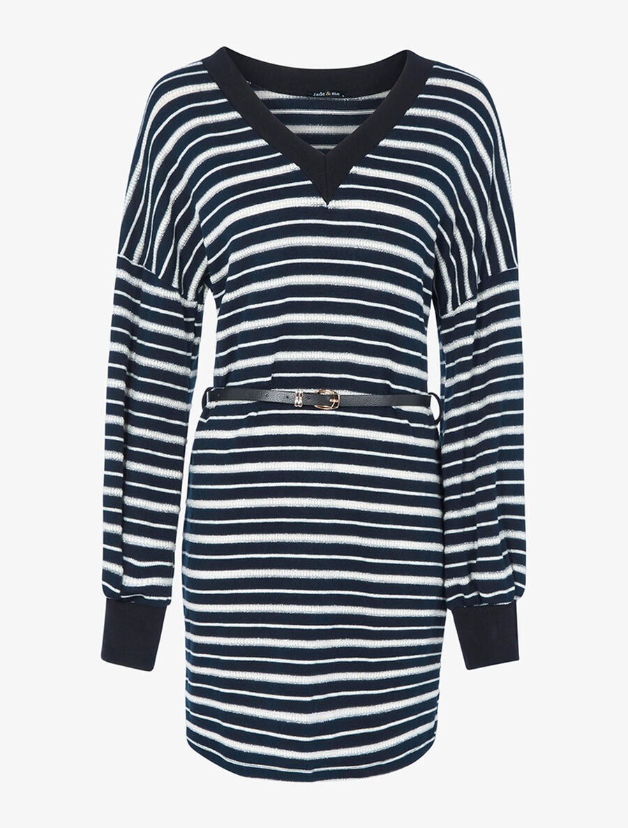 Robe-pull rayée à encolure V - Marine - 1