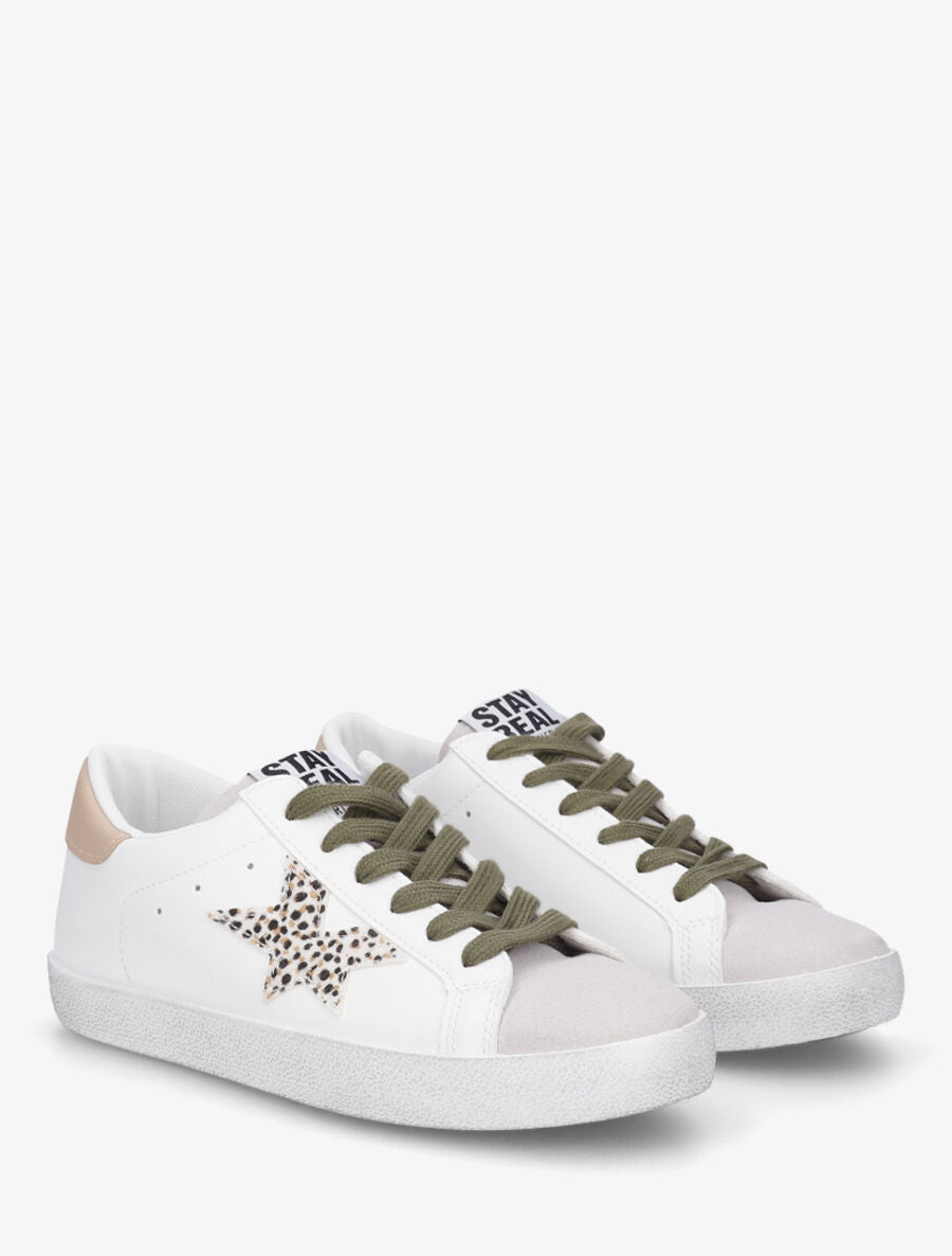 Baskets bi-matière motif étoile fantaisie - Blanc/kaki - 4