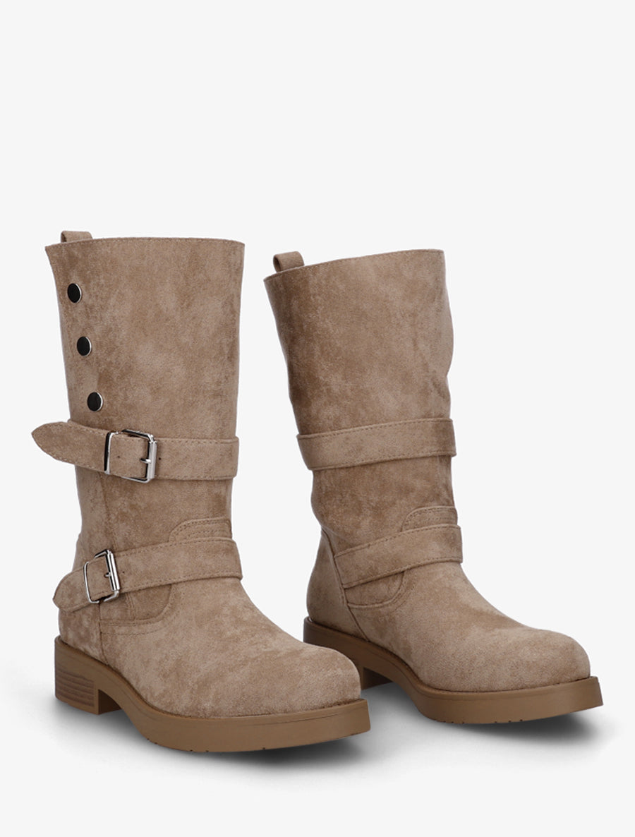 Bottines montantes à tige rabatable et sangles décoratives en suédine - Beige foncé - 4