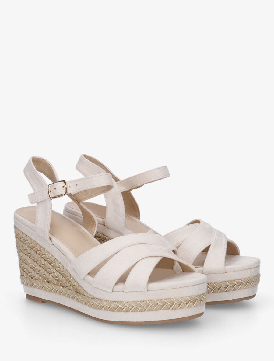 Sandales compensées à semelle en raphia tressé irisé - Beige - 5