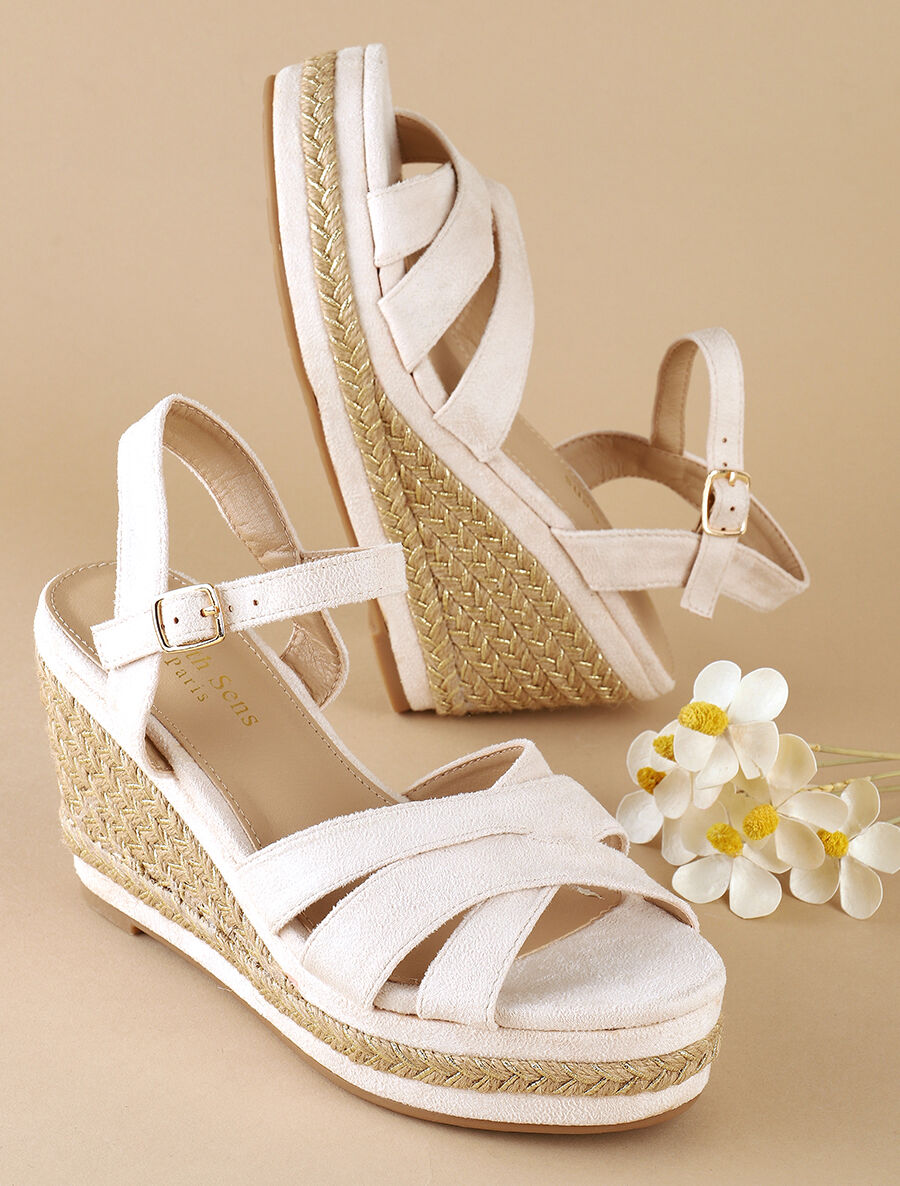 Sandales compensées à semelle en raphia tressé irisé - Beige - 1