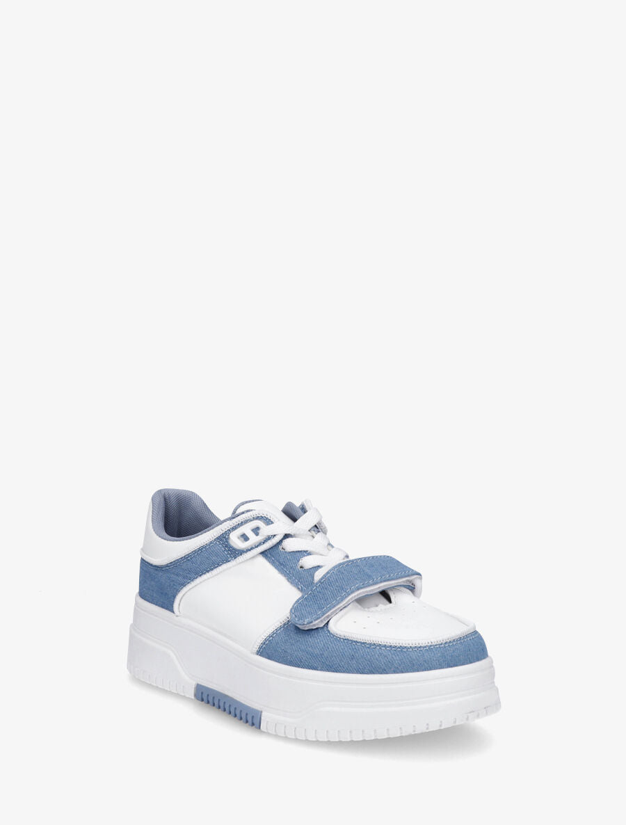 Baskets bi-matière à lacets et scratch - Bleu denim - 2