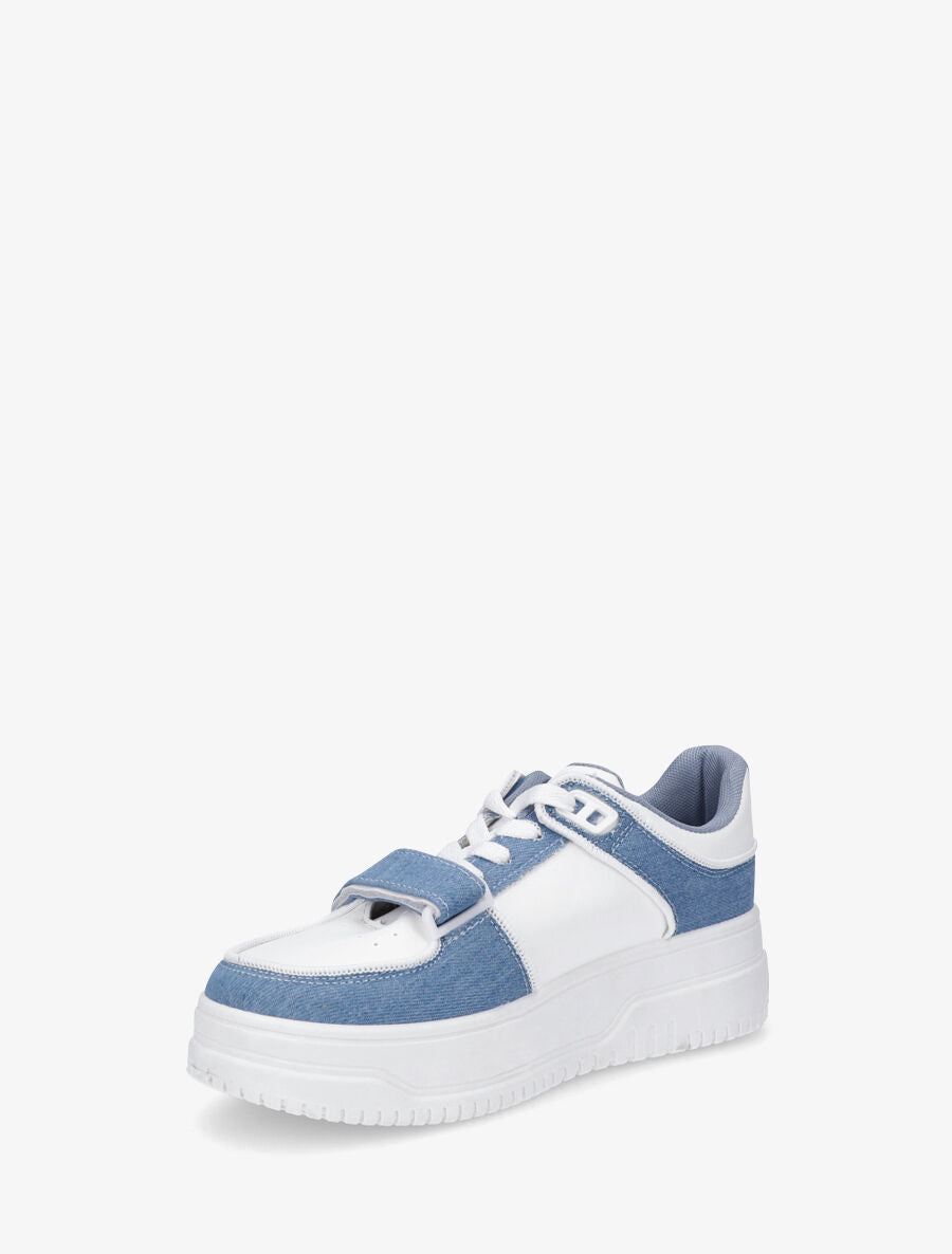 Baskets bi-matière à lacets et scratch - Bleu denim - 3
