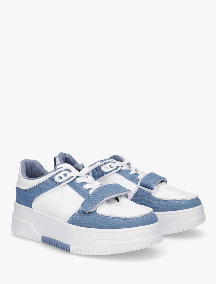 Baskets bi-matière à lacets et scratch - Bleu denim - 4