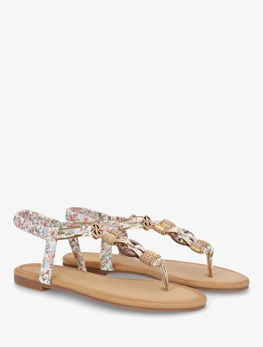 Nu-pieds imprimé fleuri et perles en bois - Blanc - 4