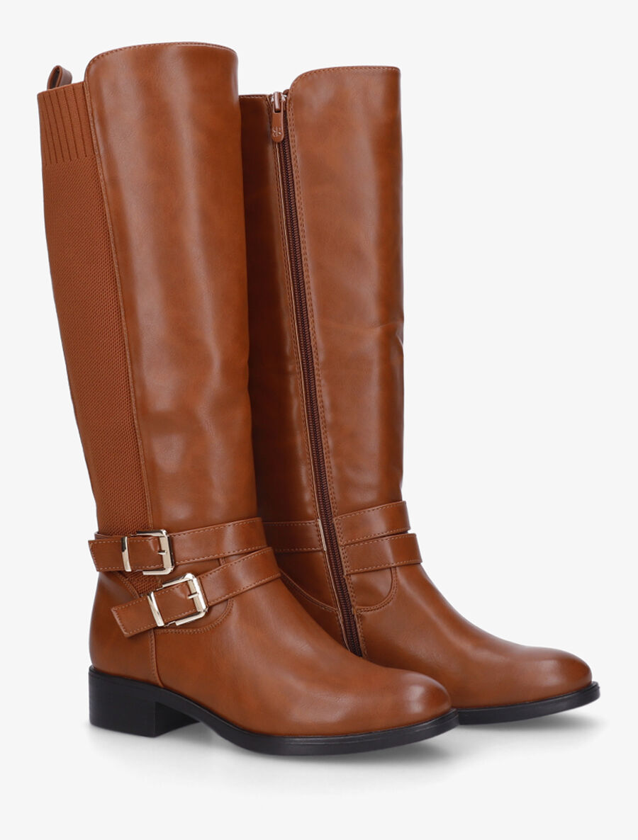 Bottes à talon en simili et tissu - Camel - 4
