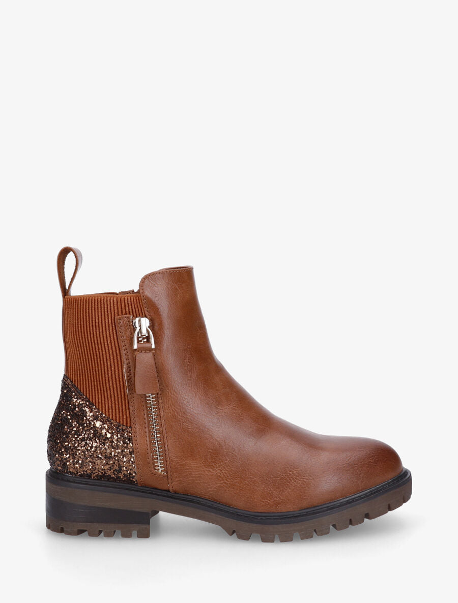 Bottines en simili à contrefort pailleté et zip - Camel - 1