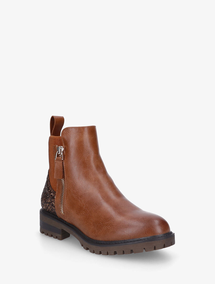 Bottines en simili à contrefort pailleté et zip - Camel - 2