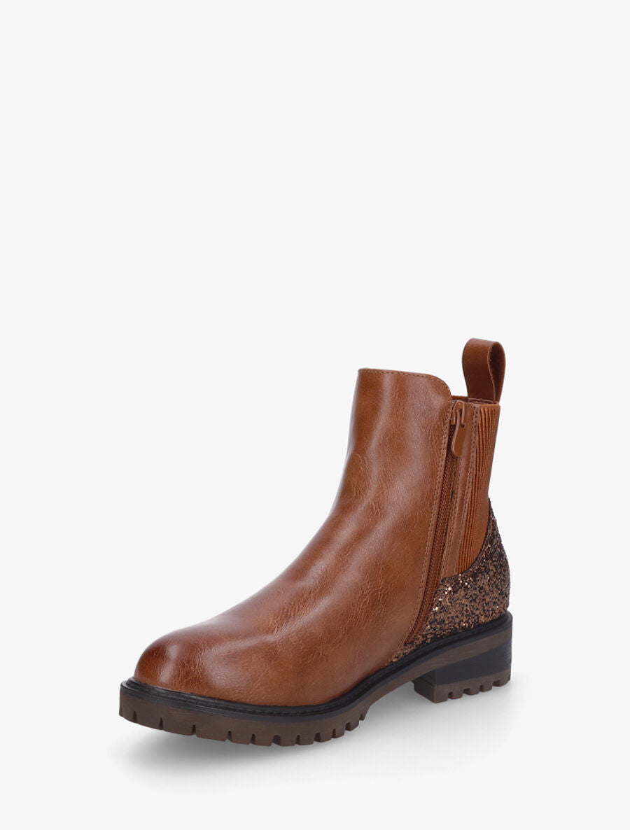 Bottines en simili à contrefort pailleté et zip - Camel - 3