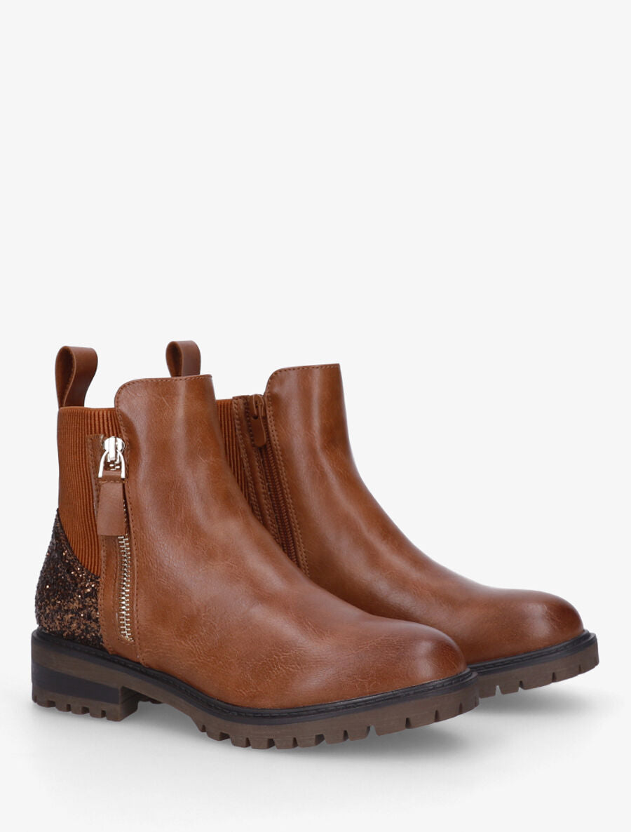 Bottines en simili à contrefort pailleté et zip - Camel - 4