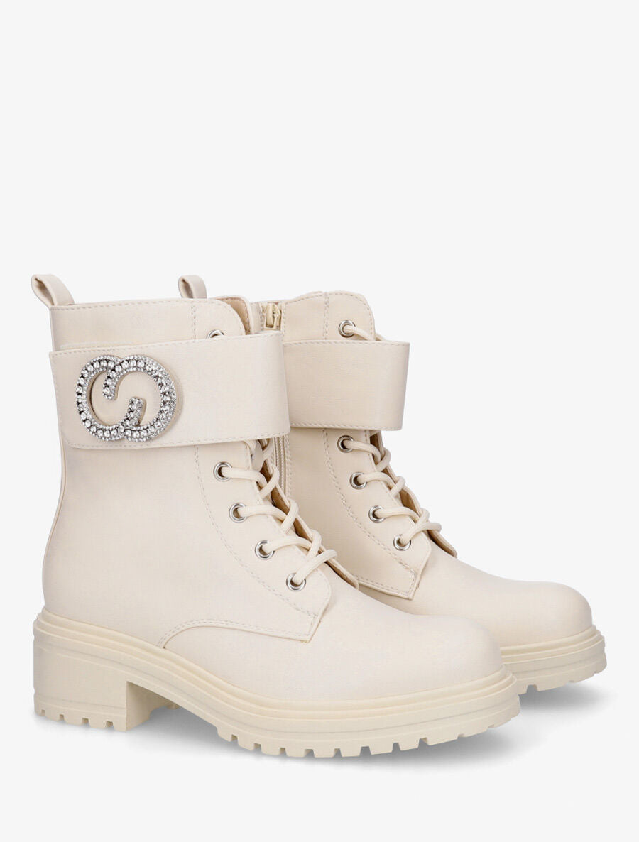 Bottines en simili style rangers à lanière strassée - Beige - 4