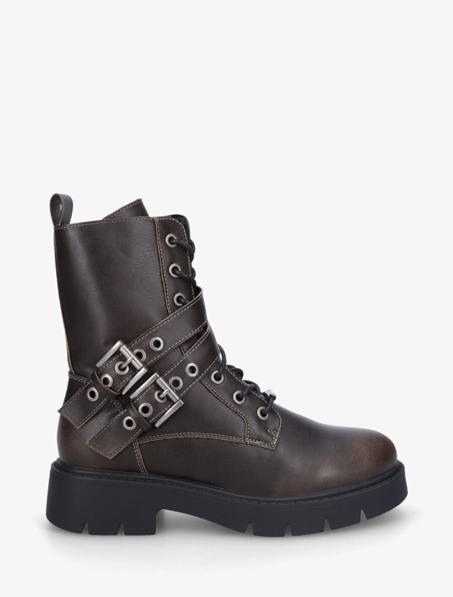 Bottines montantes en simili à double sangles - Marron - 5