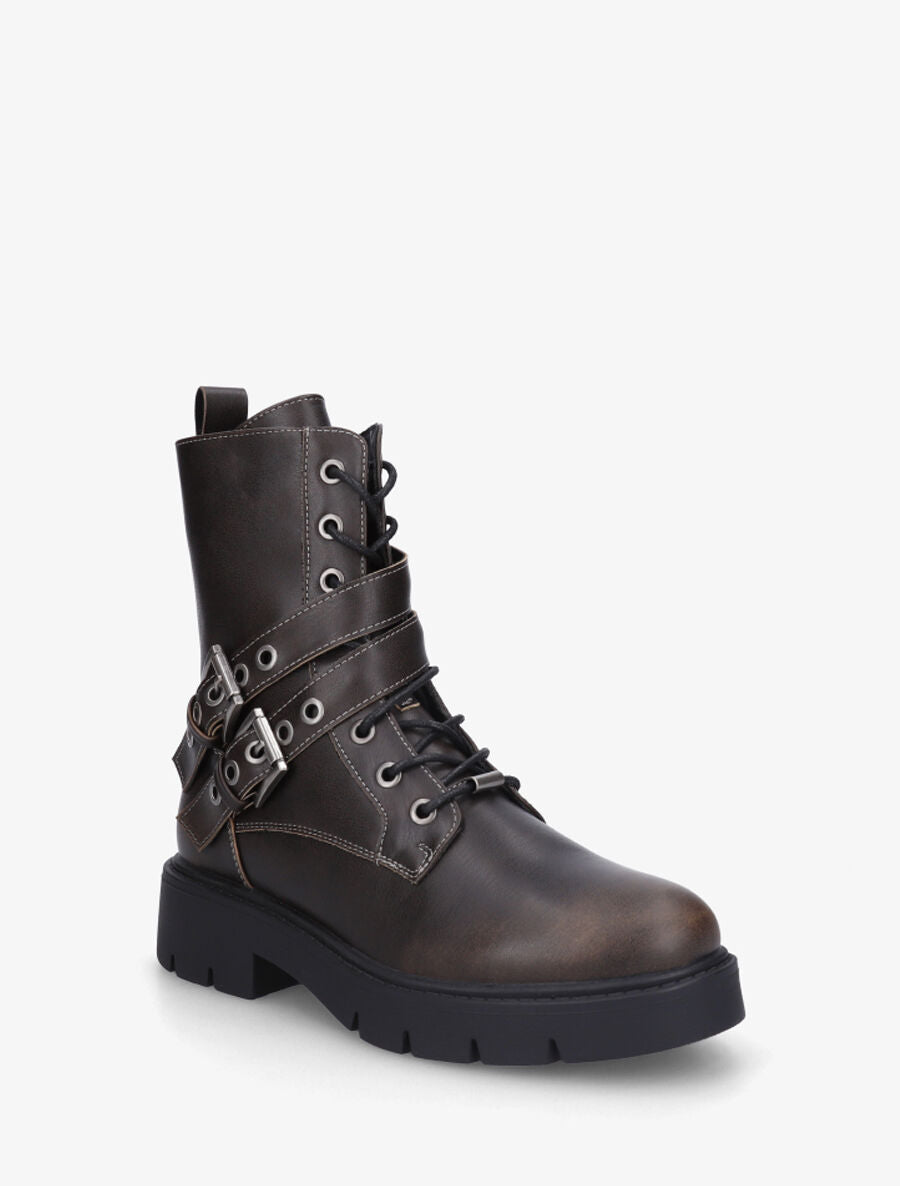 Bottines montantes en simili à double sangles - Marron - 2