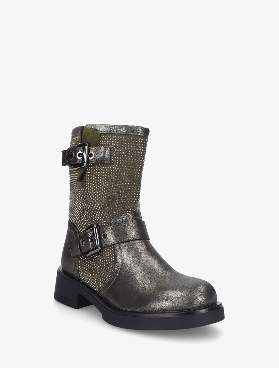 Bottines en simili strassées et sanglées - Kaki - 2